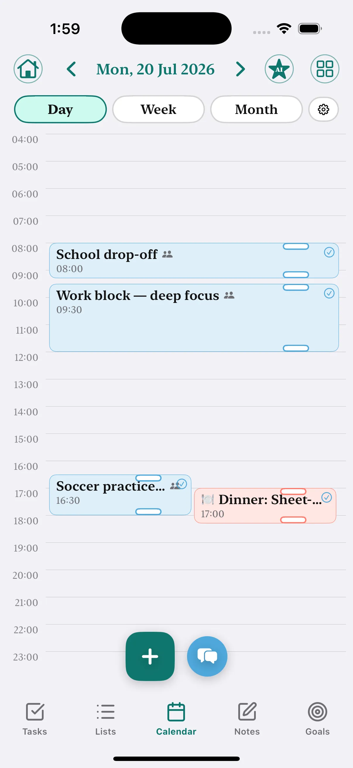 Docalen calendar on iPhone showing Monday, where the moved task appears as an event