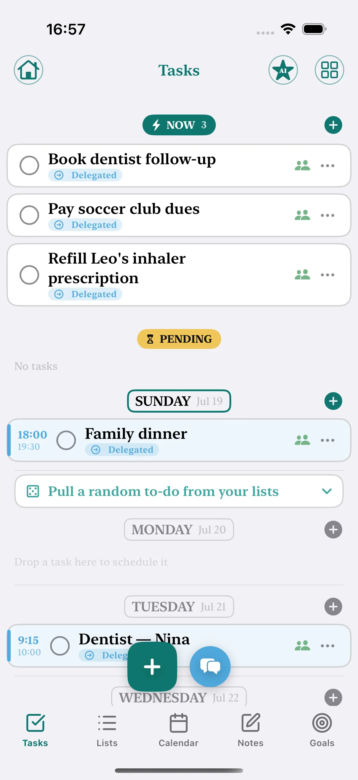 Docalen on iPhone: the NOW bucket with three delegated tasks, then the week by day